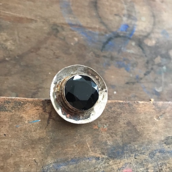 Vintage Large Obsidian Hammered Sterling Silver round Ring size 7 big huge - Picture 7 of 8